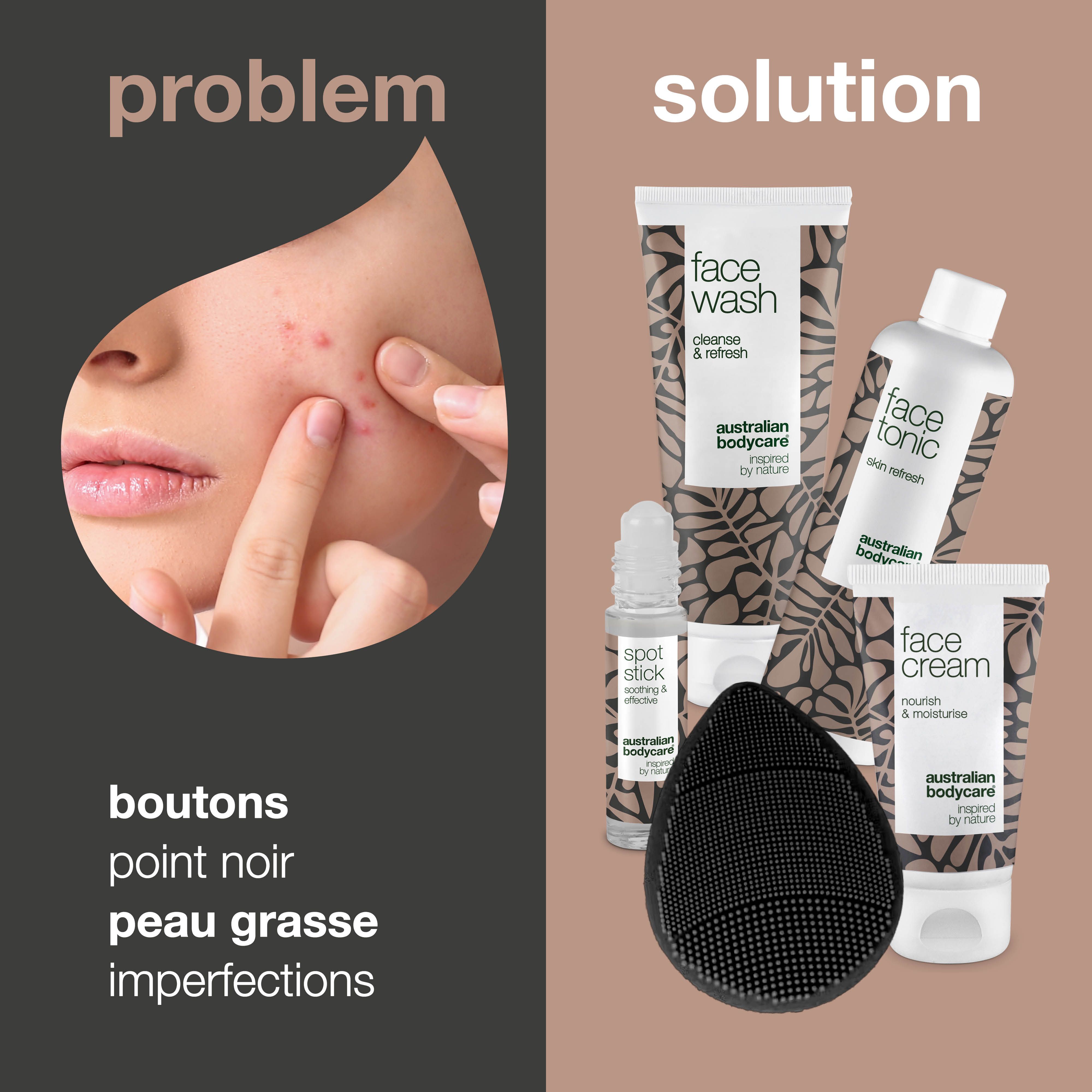 Problème : boutons, points noirs, peau grasse, imperfections. Solution : kit visage avec brosse.
