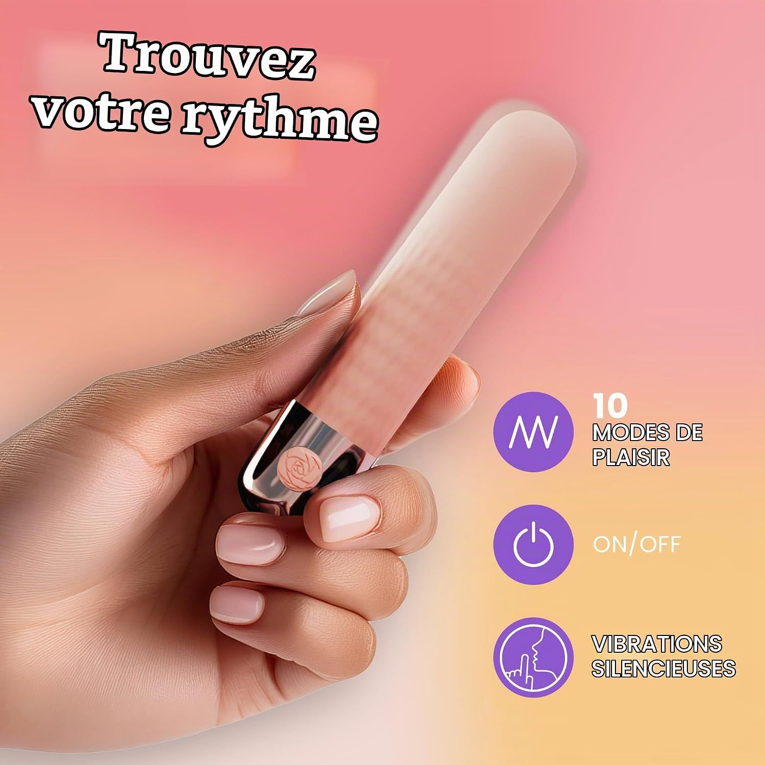 Un vibromasseur rose avec un anneau argenté, tenu par une main. Affiche 10 modes de plaisir, marche/arrêt et vibrations silencieuses.
