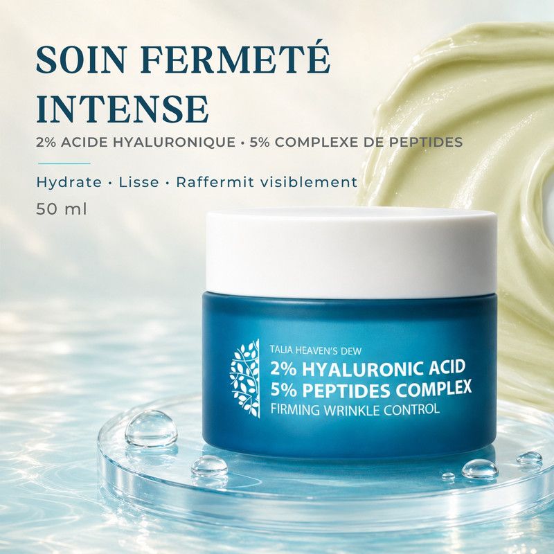 Un pot de crème ouvert à l'acide hyaluronique et complexe peptidique, entouré d'une texture crémeuse.