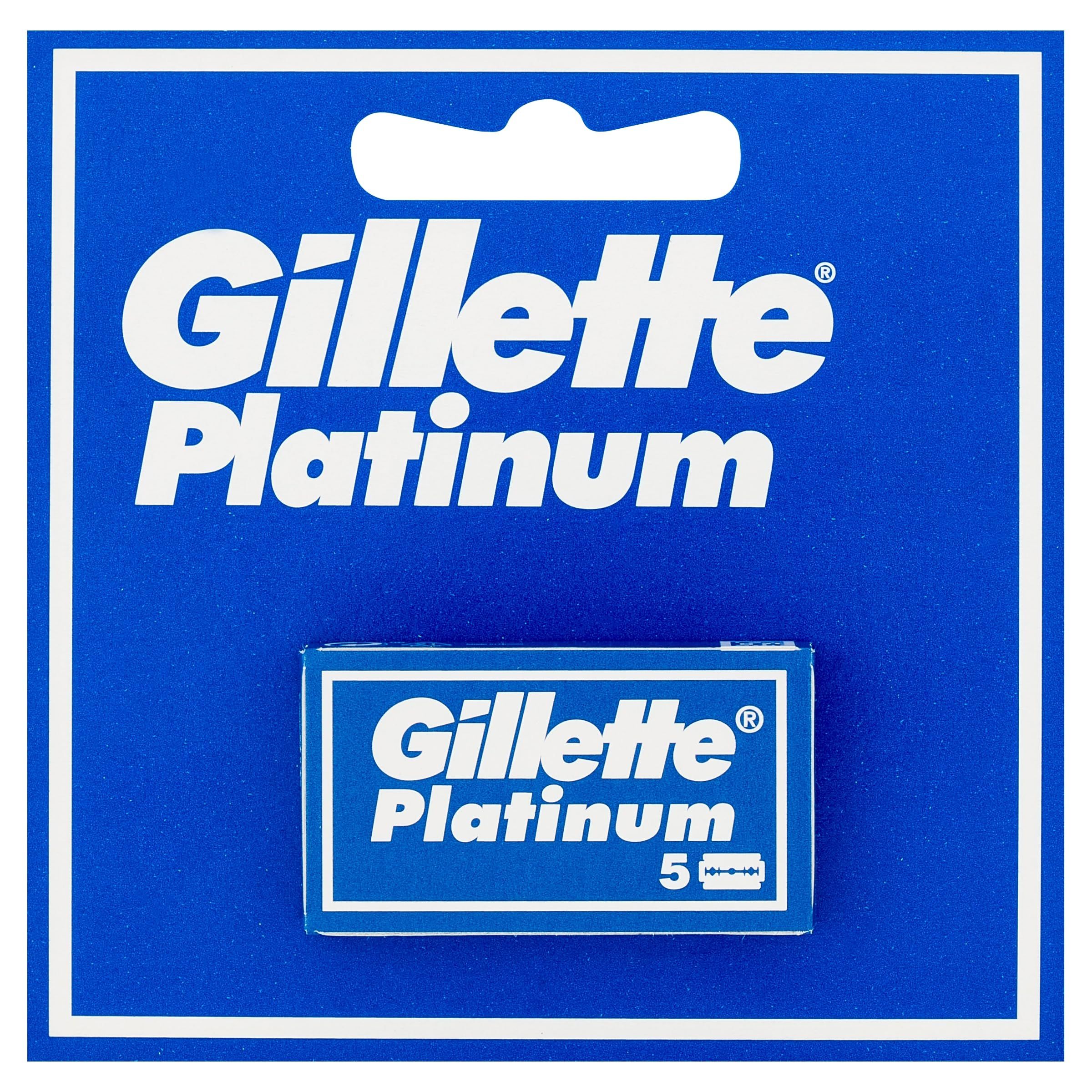 Emballage bleu avec cadre blanc. En haut: Gillette Platinum. En bas: boîte de lames de rasoir, Gillette Platinum, 5 lames.