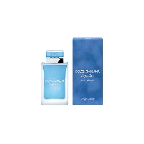 Lichtblauwe parfumfles en doos. Opschrift: Dolce & Gabbana Light Blue Eau Intense. Fles met zilveren dop.