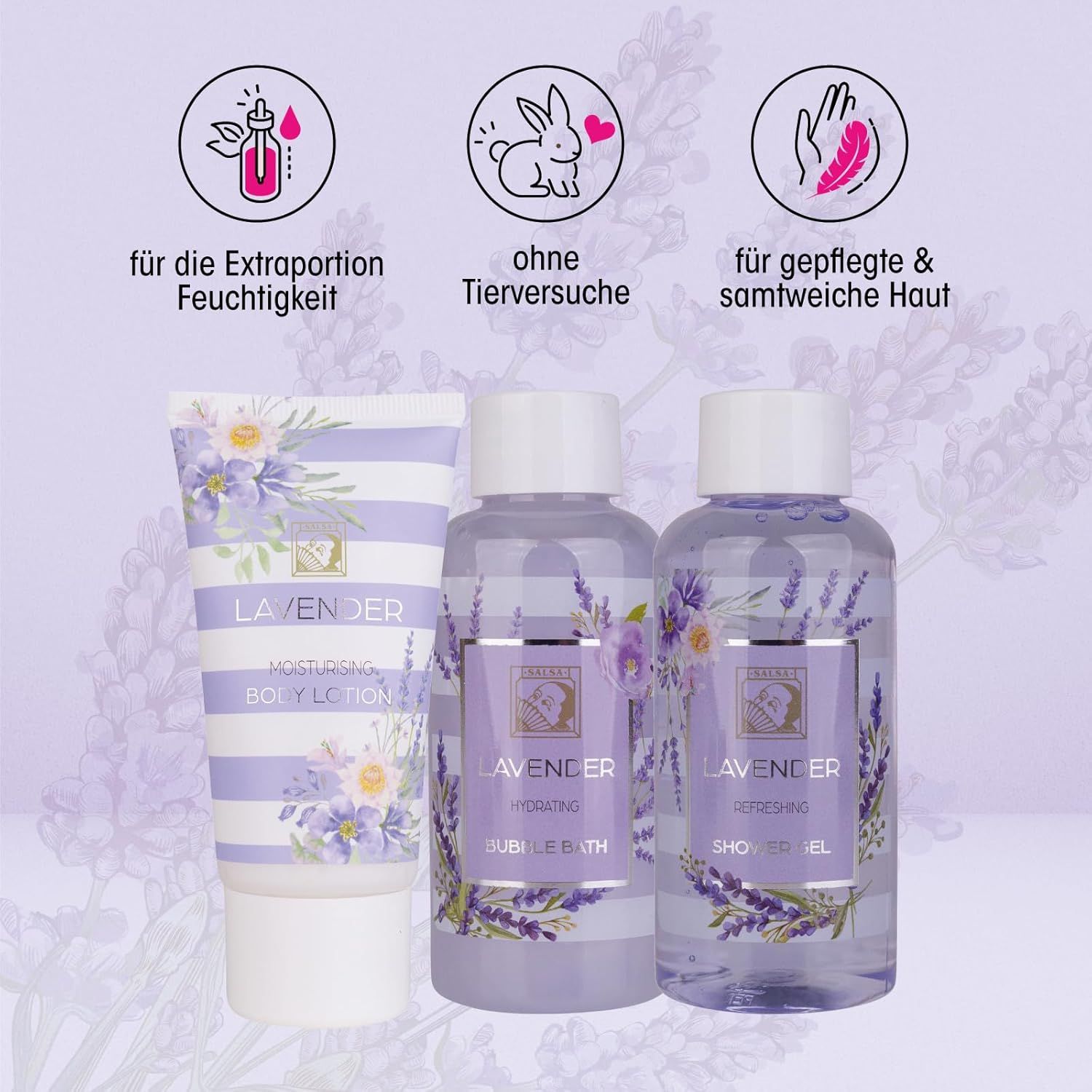 Lavendel bodylotion, bubbelbad en douchegel in paarse gestreepte flessen en tubes.