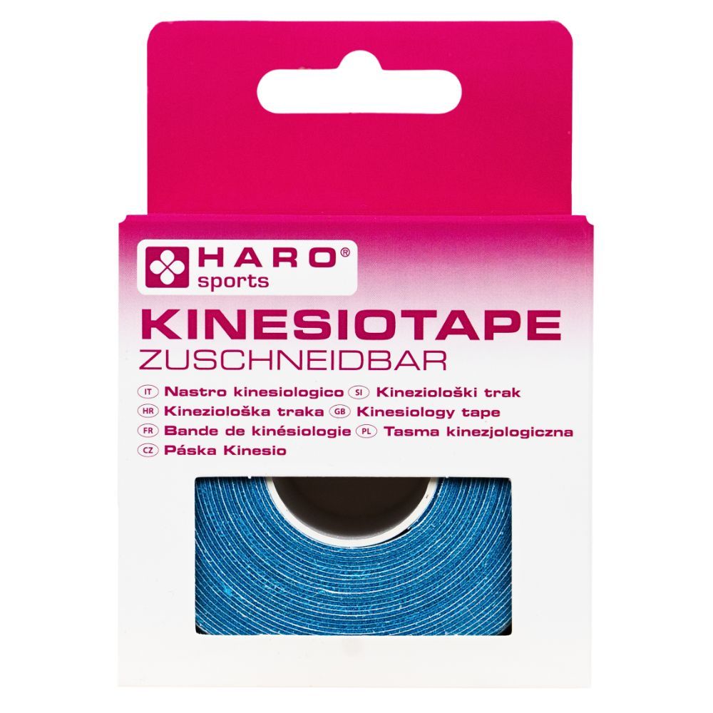 Blauwe kinesiotape op rol in verpakking. Merk HARO SPORTS. Opschrift: KINESIOTAPE ZUSCHNIDBAR.