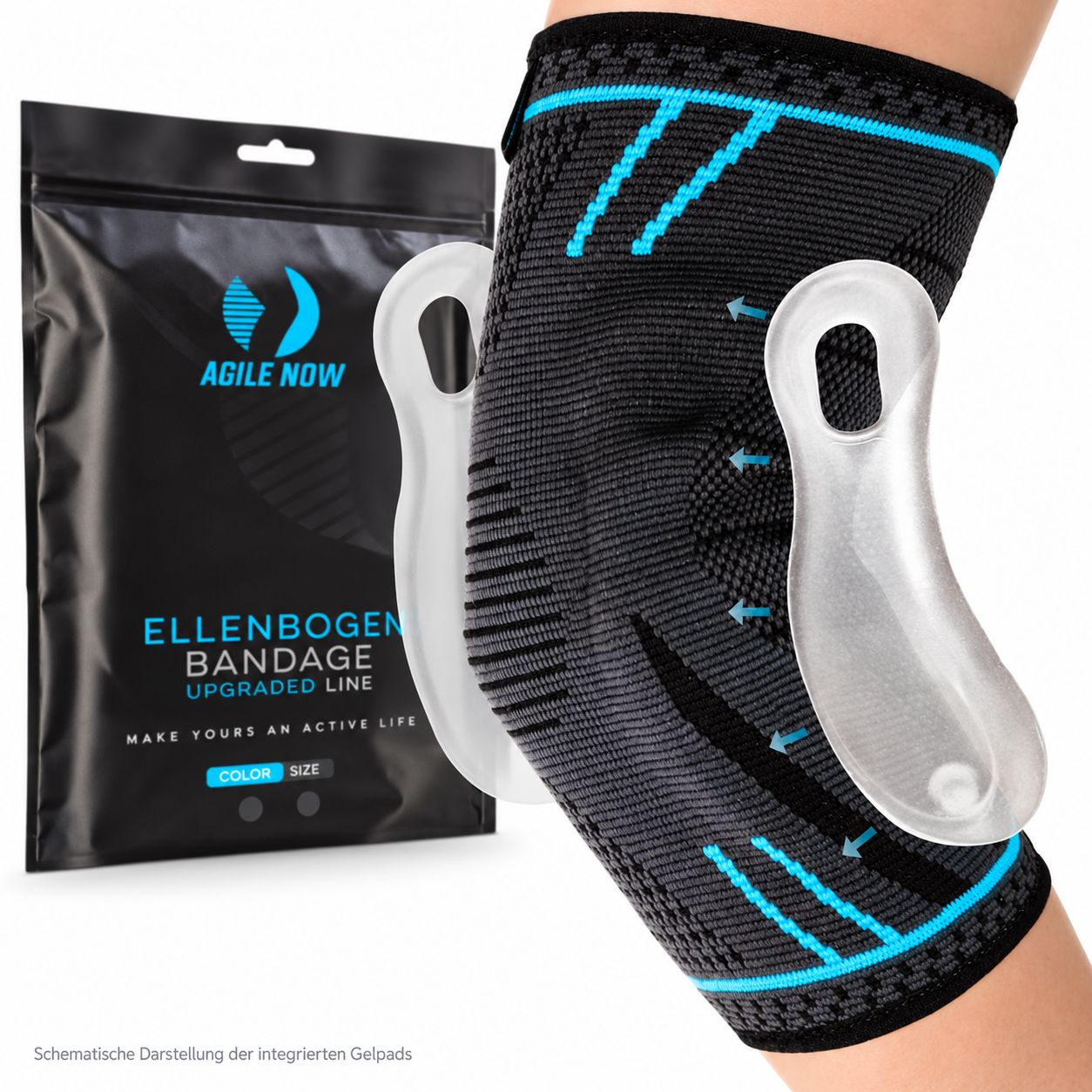 Bandage de coude élastique avec coussinets en gel intégrés et matière respirante.