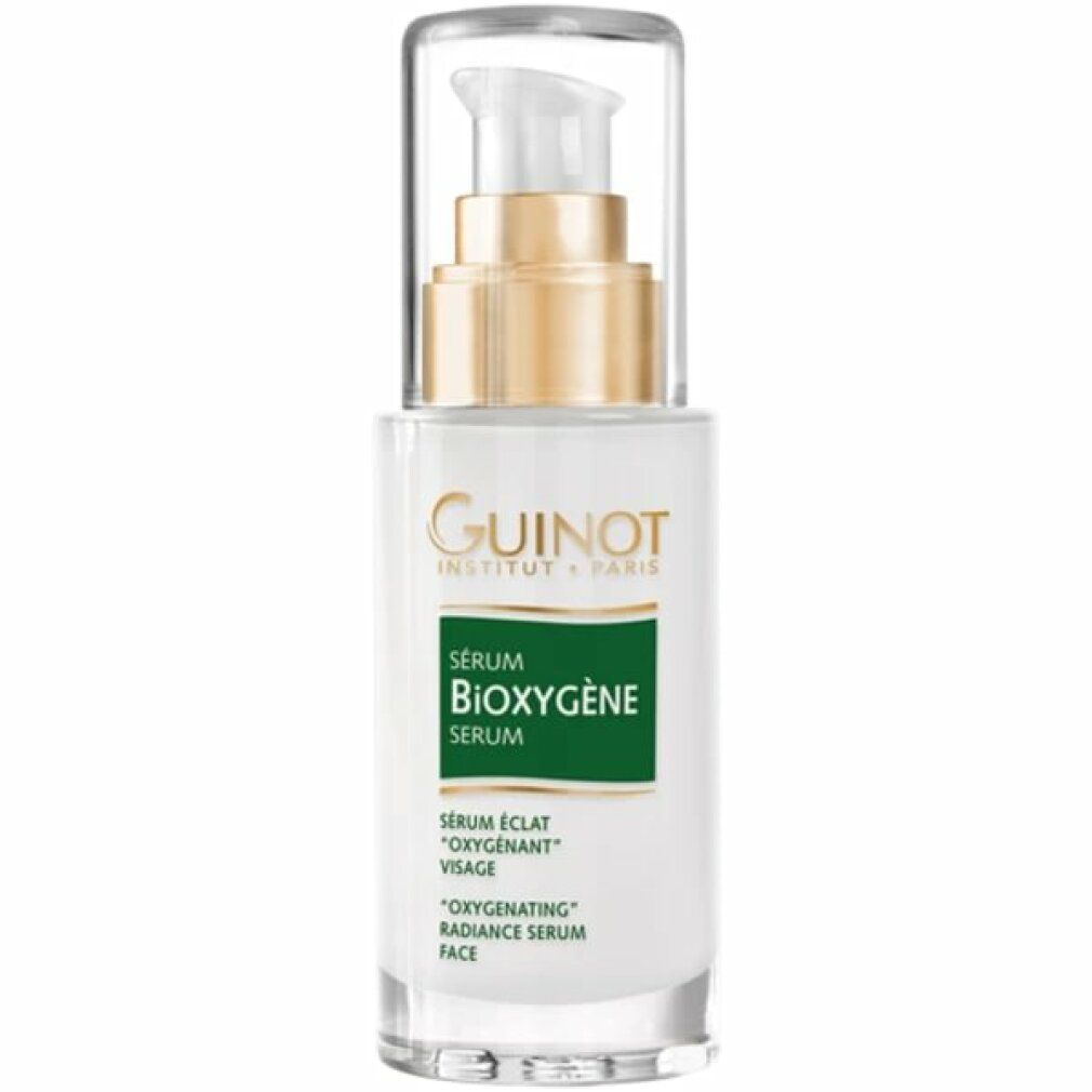 Serumfles met pomp en transparante dop. Gouden ring. Groen etiket met tekst. Guinot-logo. "Sérum Bioxygène".