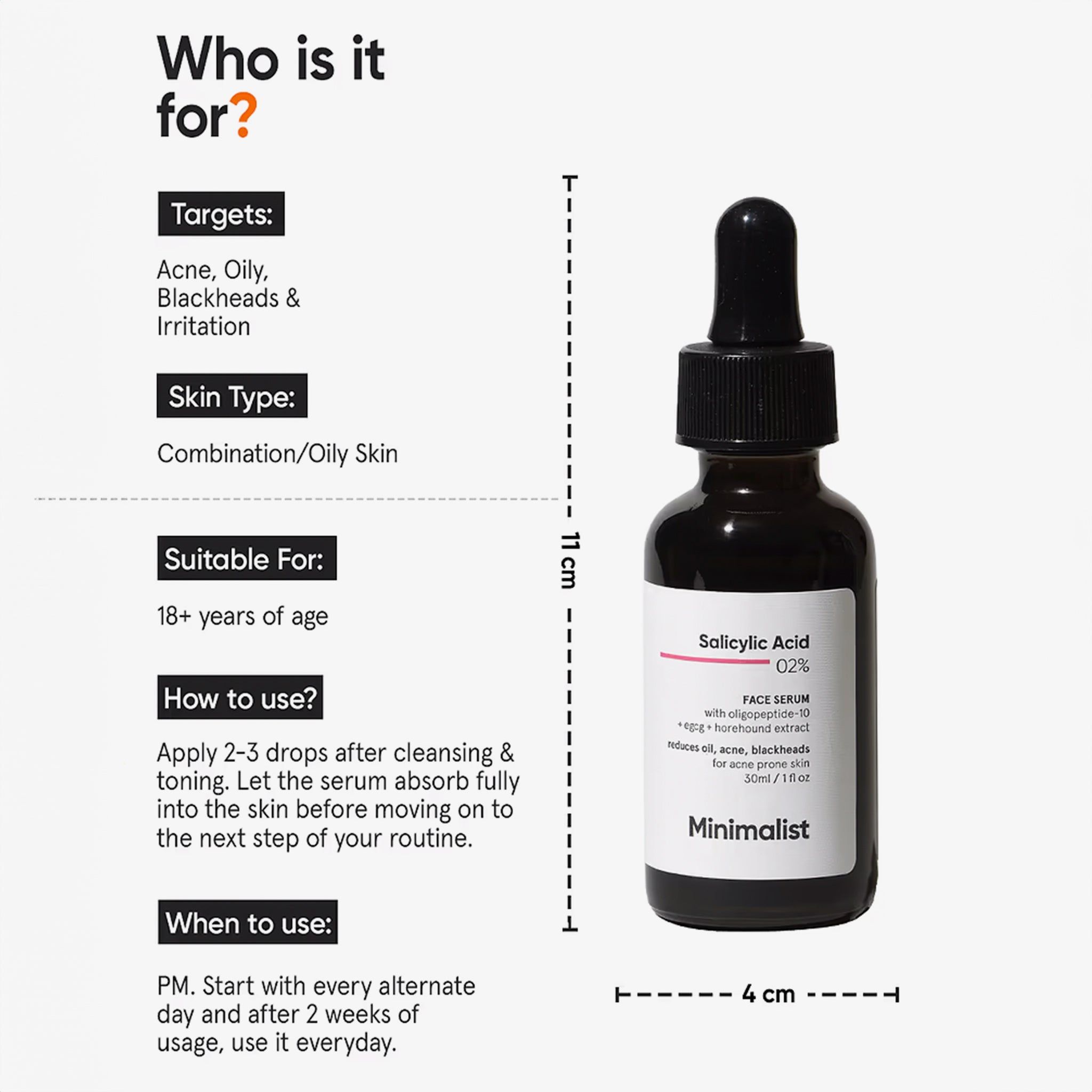 Productfles met tekst: Salicylic Acid 02%. Infographic met teksten: Voor wie?, Huidtype, Geschikt voor, Hoe te gebruiken, Wanneer te gebruiken.