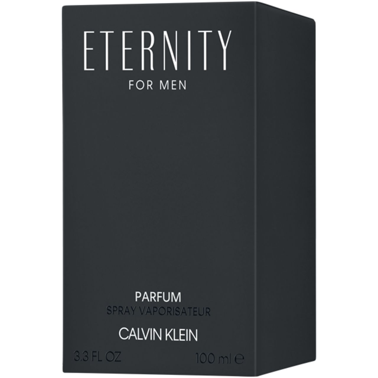 Zwarte doos. Opschrift: Eternity For Men, Parfum, Spray Vaporisateur, Calvin Klein. 100 ml.