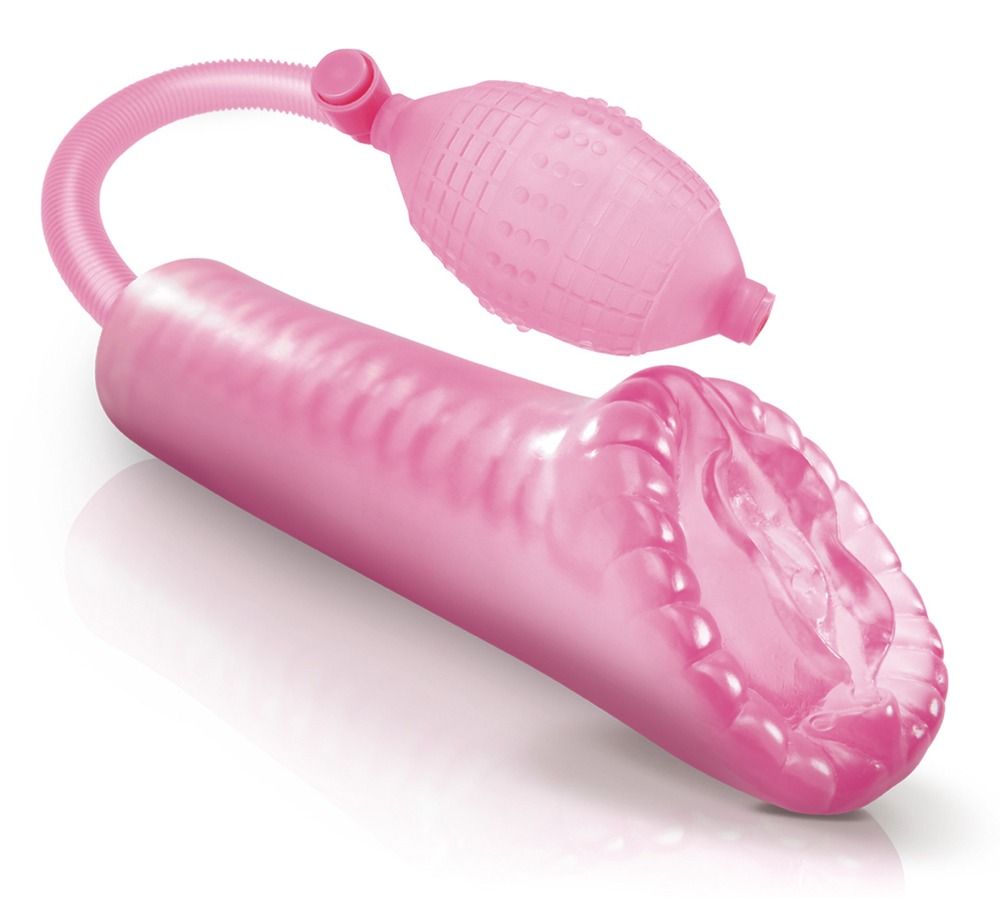 Roze penis-pomp met handpomp en geribbeld vat.