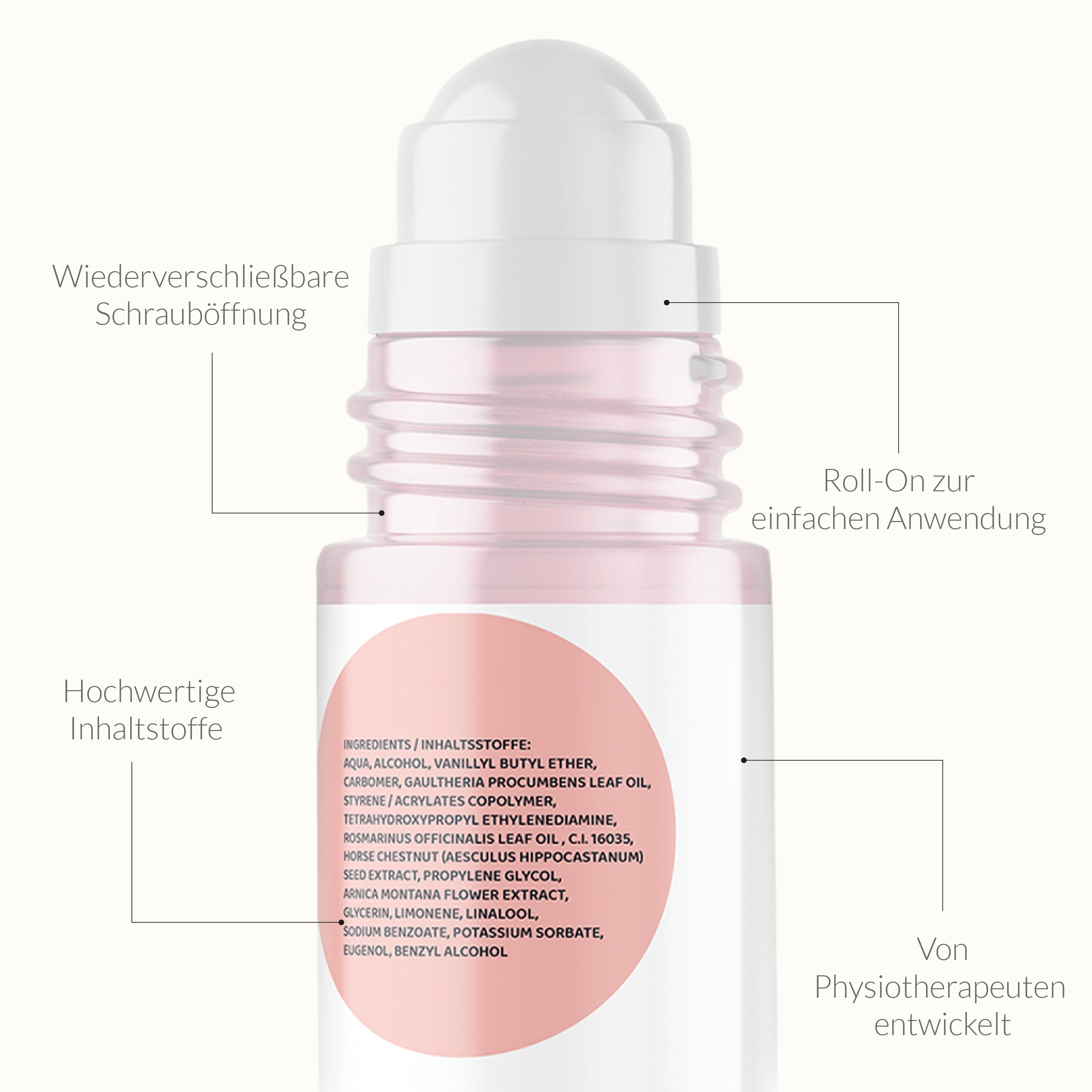 Close-up roll-on fles. Opschrift: WÄRME SALBE. Tekst: Hoogwaardige ingrediënten, roll-on voor eenvoudig gebruik.