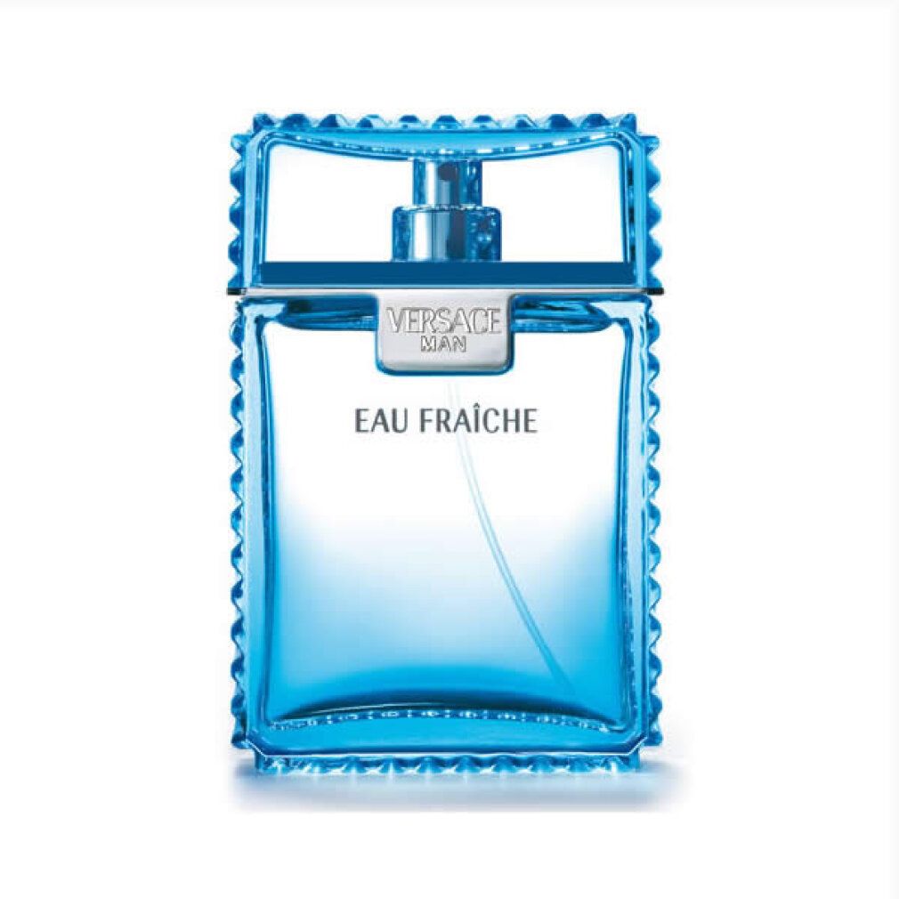 Flacon de parfum bleu clair avec bouchon argenté. Inscription : Versace Man Eau Fraiche.