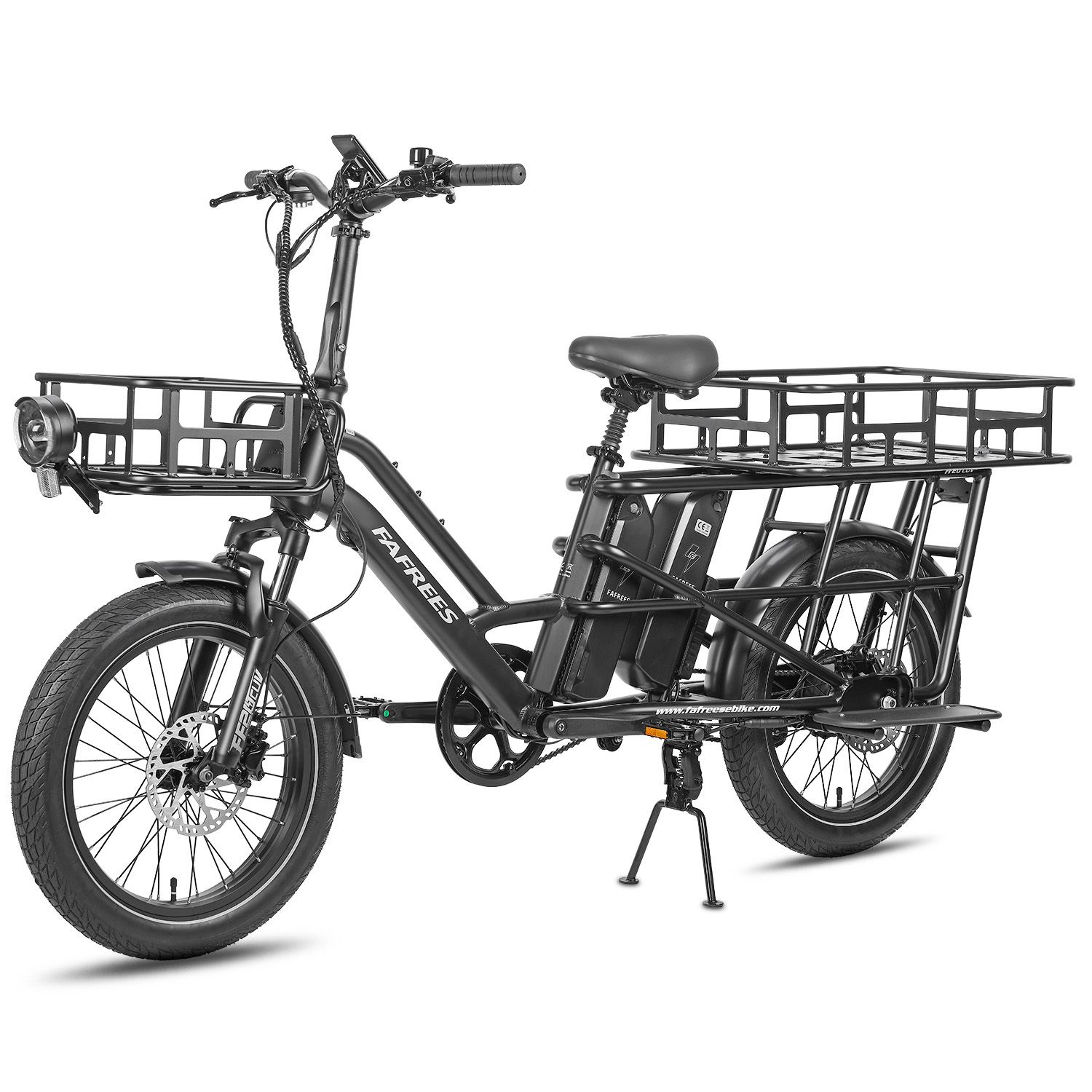 Vélo cargo électrique noir avec porte-bagages avant et arrière, double batterie. Marque Fafrees.