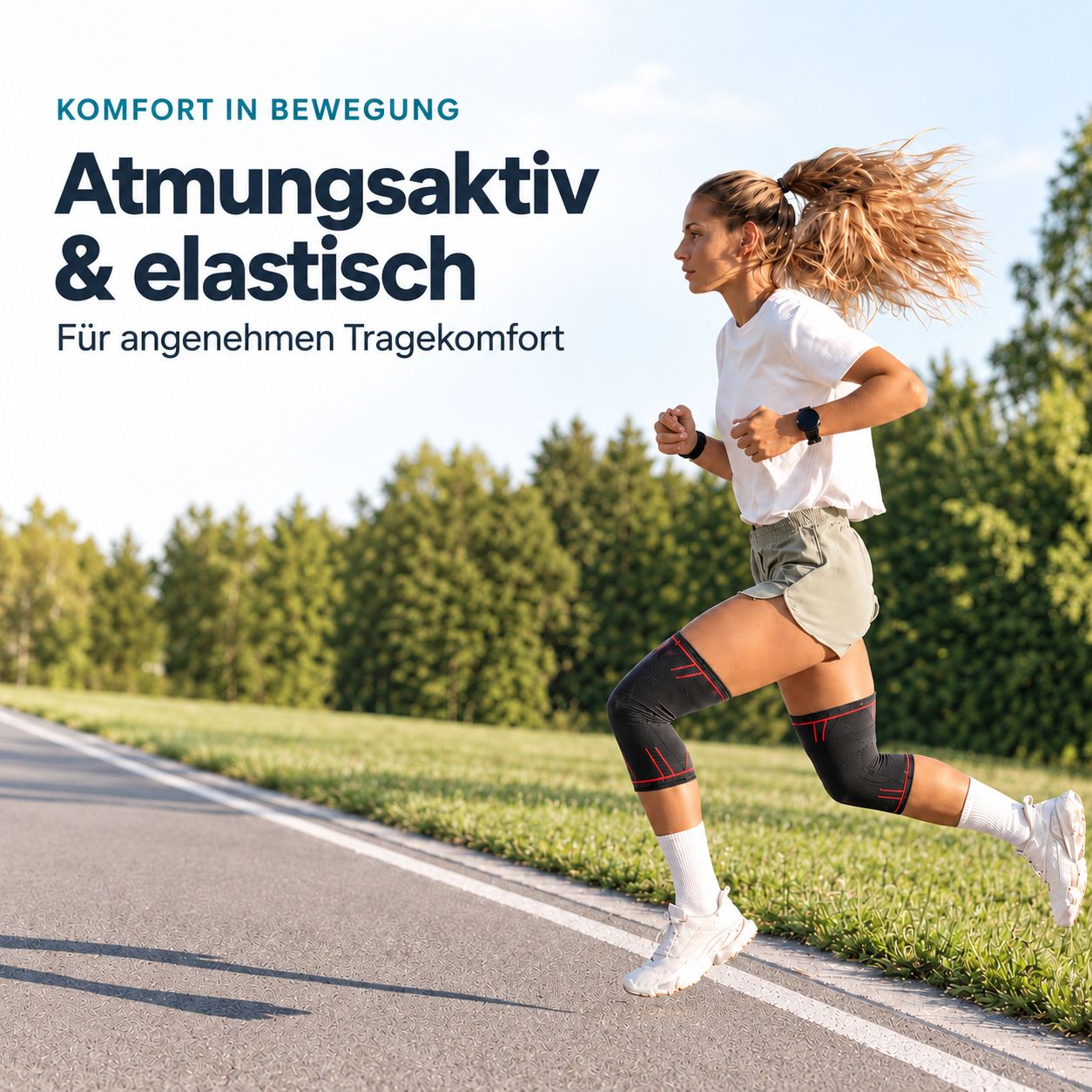 Coureuse portant des genouillères sur une piste, respirantes et élastiques pour le confort.