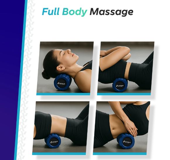Quatre images montrent des femmes utilisant un mini rouleau en mousse bleu. Texte 'Full Body Massage' en haut.