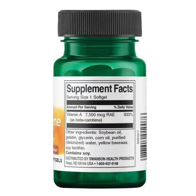 Dos d'un flacon vert. Inscription: Supplement Facts. Contient de la vitamine A (7 500 mcg AER). Autres ingrédients listés.