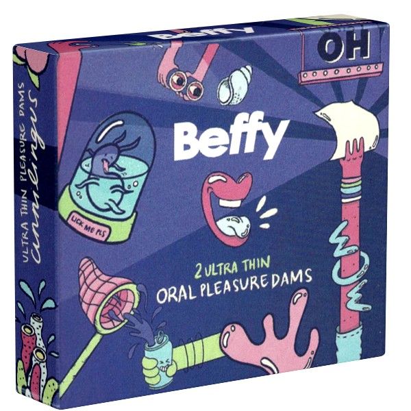 Boîte Beffy avec illustrations et texte. Contient deux Oral Pleasure Dams ultra fins.