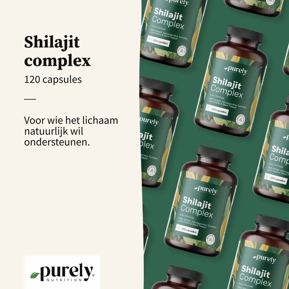 Meerdere flessen Shilajit Complex. Opschrift: 120 capsules. Tekst: Voor iedereen die hun lichaam op natuurlijke wijze wil ondersteunen.
