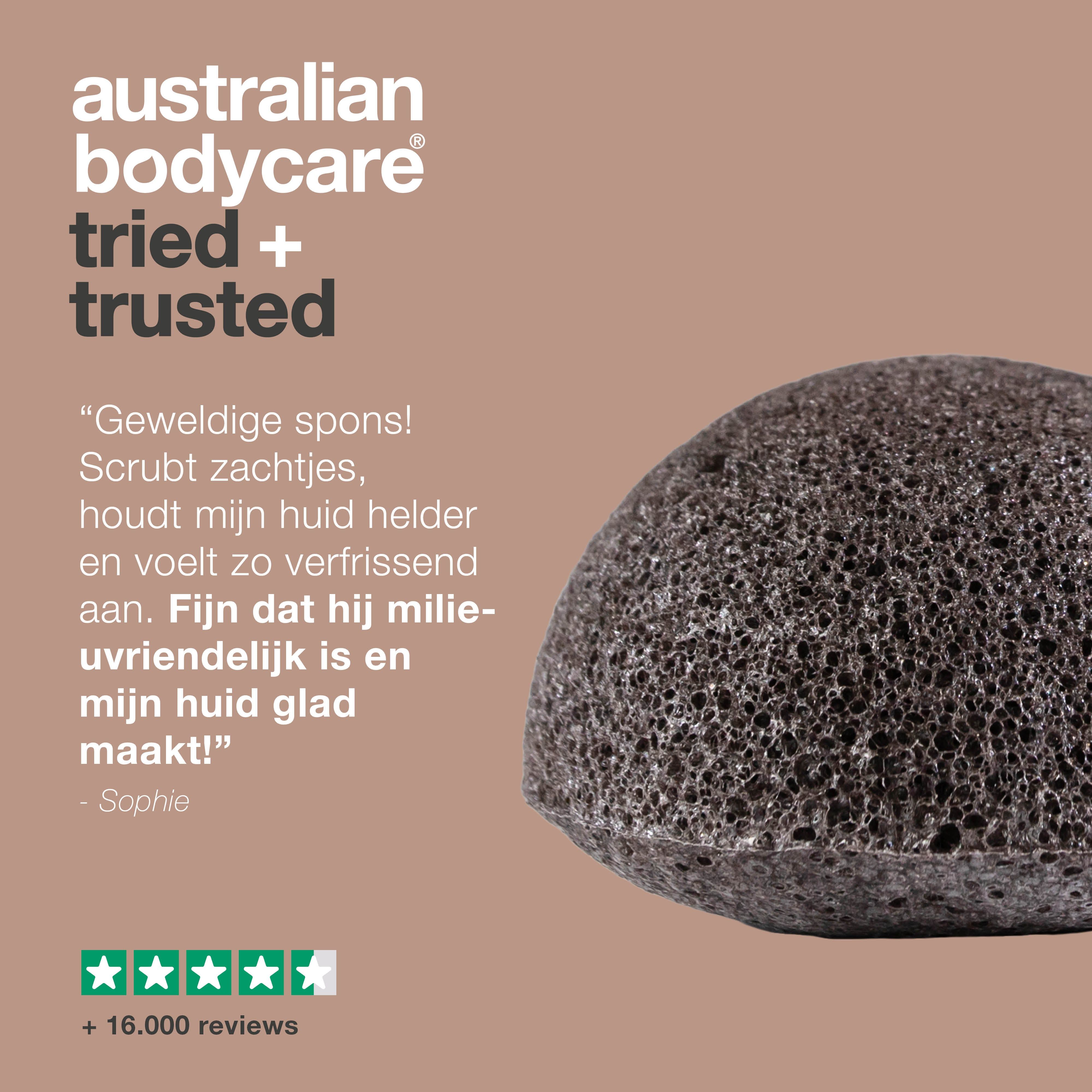 Konjac-spons. Tekst: Australian Bodycare, getest + vertrouwd. Citaat: Uitstekende spons, huid schoon, ecologisch.