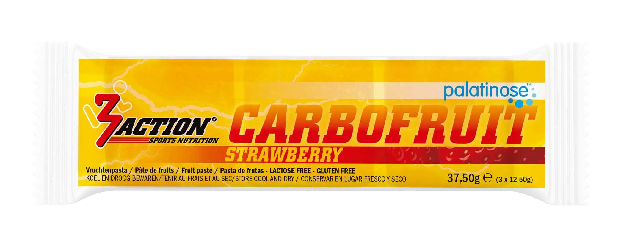 Barre 3Action Carbofruit saveur fraise, emballage jaune. Contient palatinose. Sans gluten ni lactose. 37.5g.