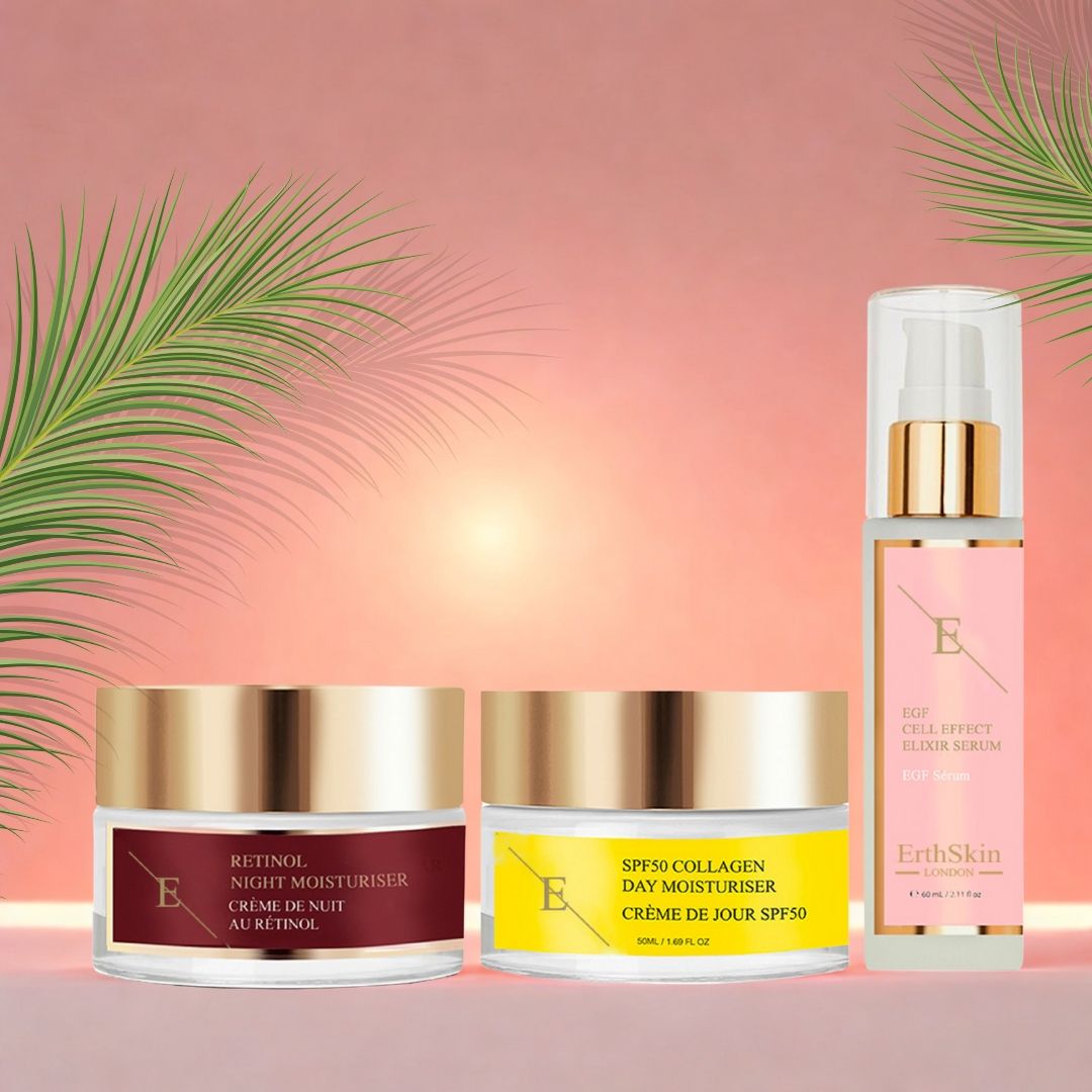 Trois produits cosmétiques : crème de jour, crème de nuit et sérum. Pots de crème avec couvercles dorés, flacon de sérum avec pompe. Étiquetage en anglais et français.