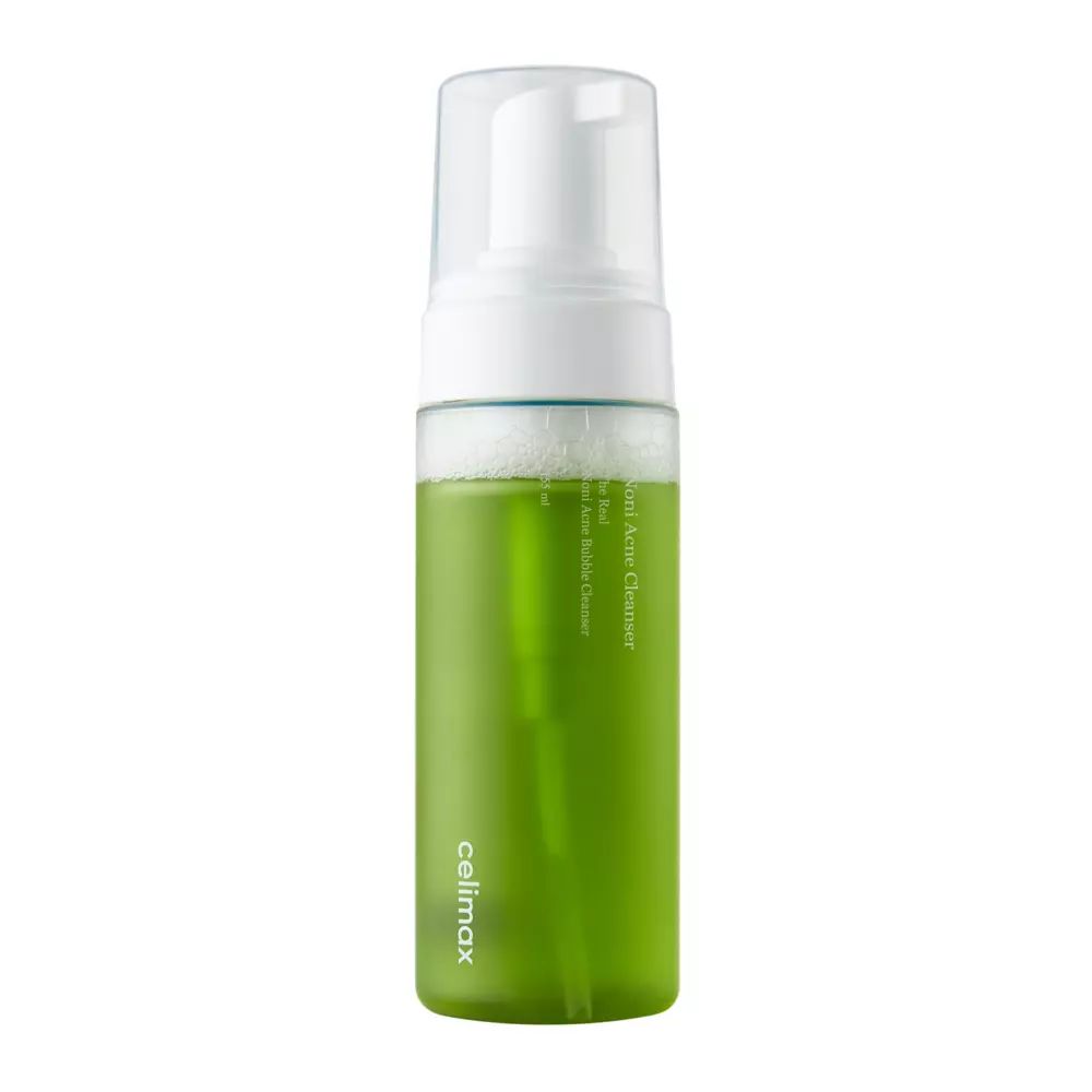 Groene fles met witte pomp. Opschrift: Celimax. Productnaam: Noni Acne Bubble Cleansing.