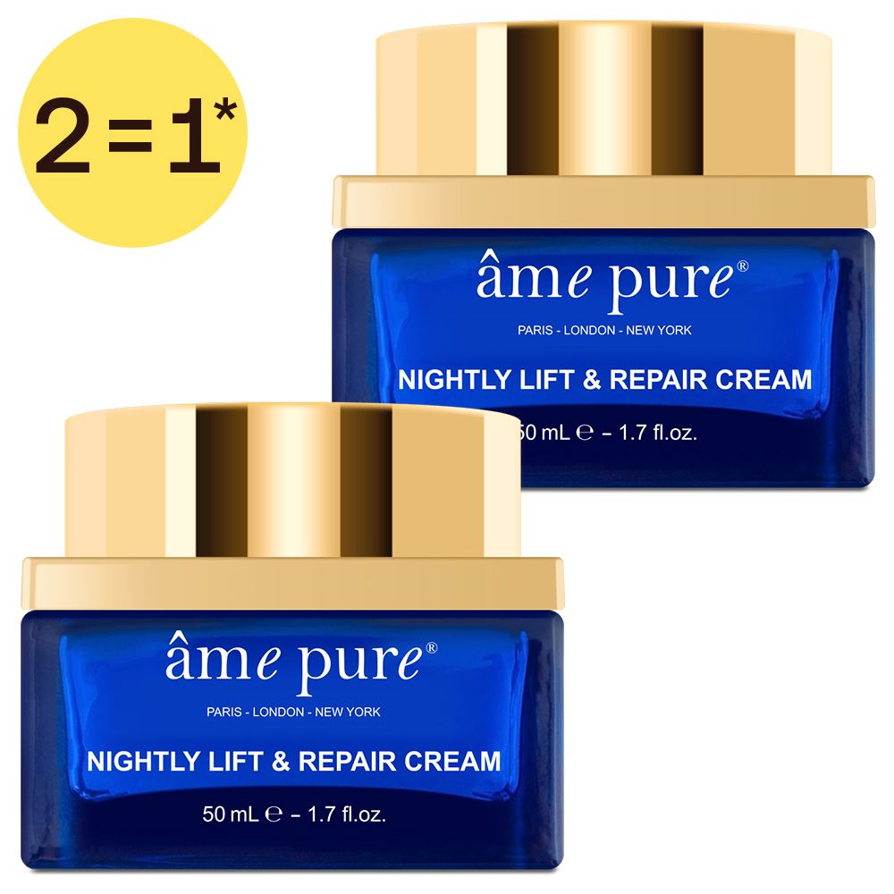Twee potjes âme pure Nightly Lift & Repair crème, 50 ml. Blauwe glazen potjes met gouden deksels.