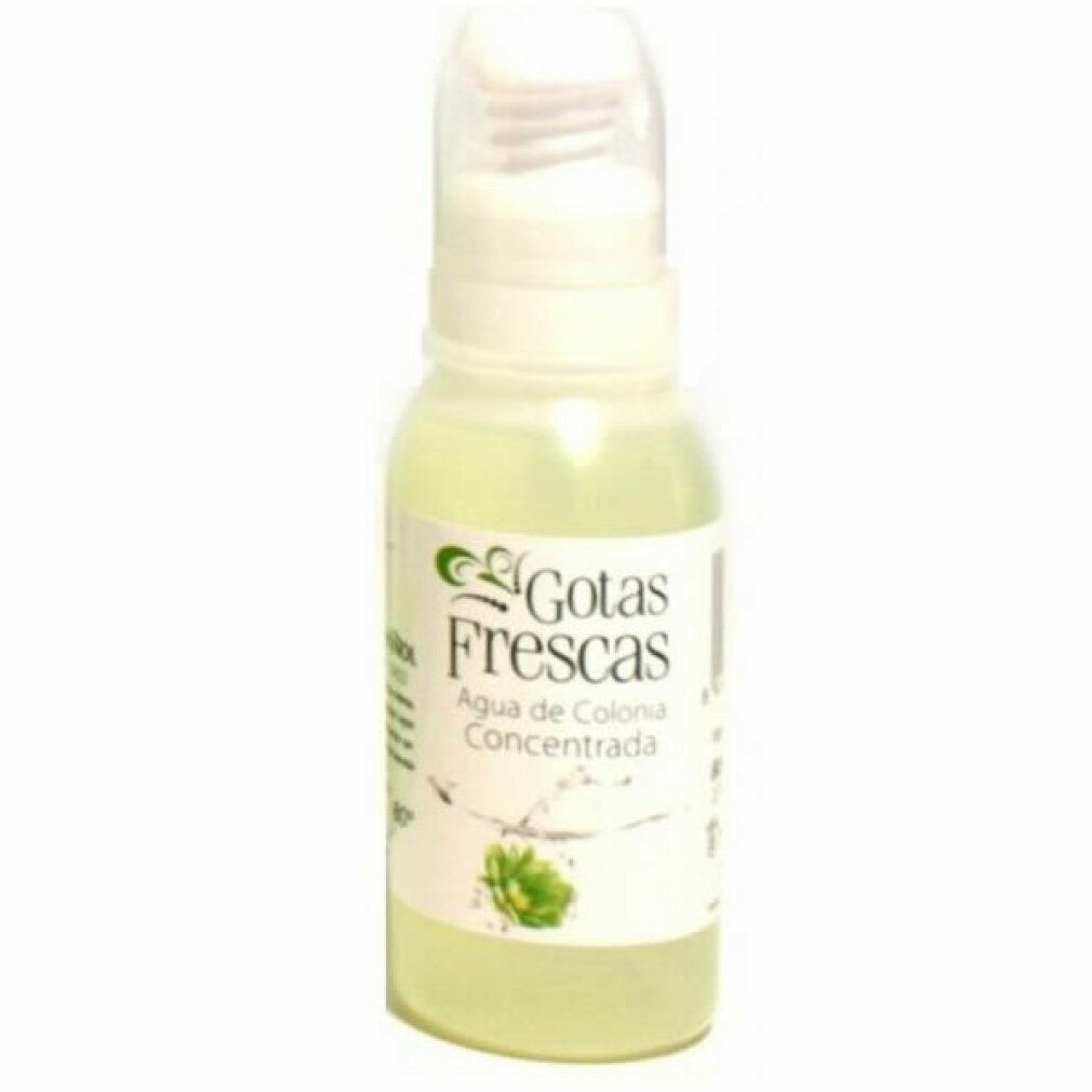 Witte sprayfles met heldere vloeistof. Opschrift: Gotas Frescas, Agua de Colonia Concentrada.