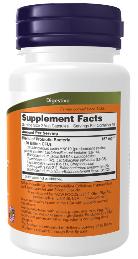 Supplement Feiten label. Bevat een mix van probiotische bacteriën. Witte fles met blauwe dop. Oranje label met tekst.