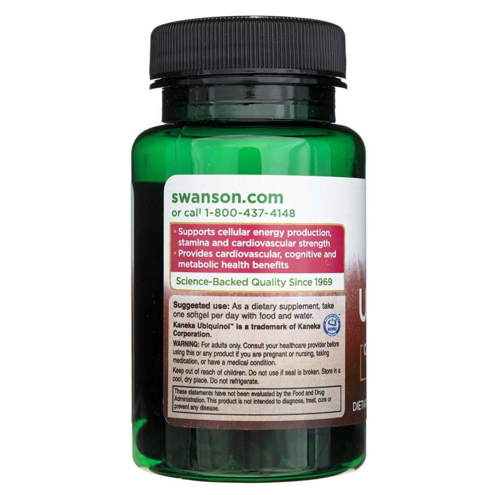 Arrière d'une bouteille Swanson Ubiquinol 100 mg avec instructions d'utilisation et avertissements.