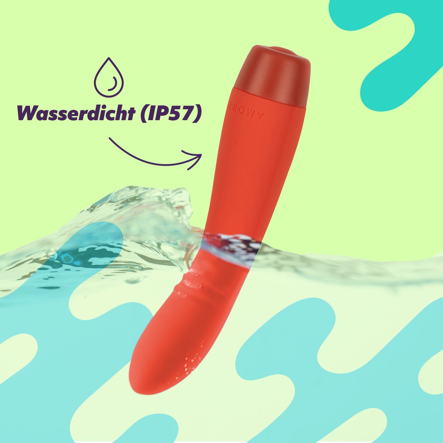 Vibrateur rouge dans l'eau. Texte: Étanche (IP57).