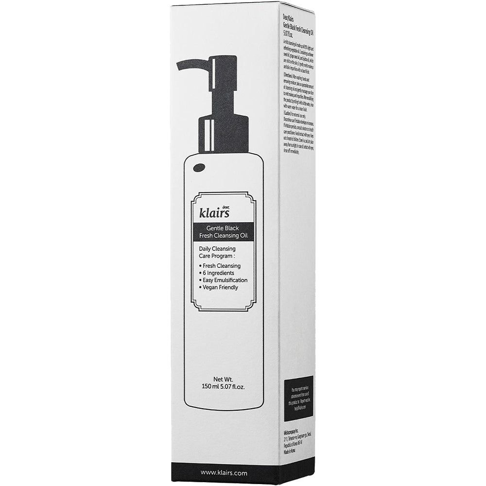 Verpakking van Gentle Black Fresh Cleansing Oil. Witte doos met productafbeelding en tekst. Zwarte pomp.