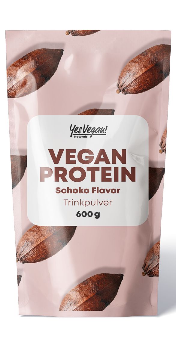 Vegan proteïnepoeder chocolade (600 g) in roze verpakking met cacaobonenpatroon.