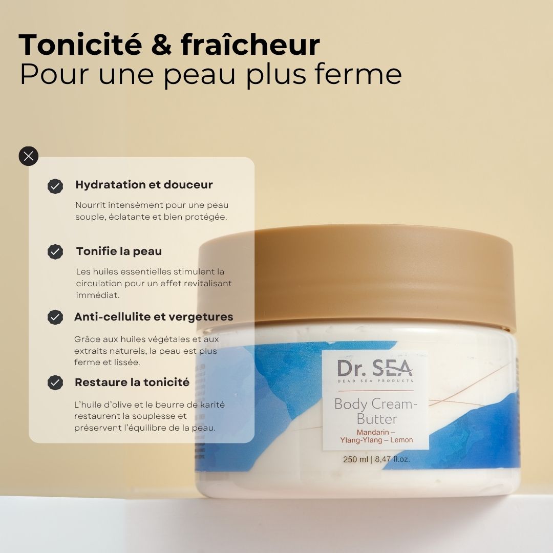 Pot de crème-beurre avec couvercle. Inscription : Dr. SEA, Body Cream-Butter, Mandarine, Ylang-Ylang, Citron. 250 ml.