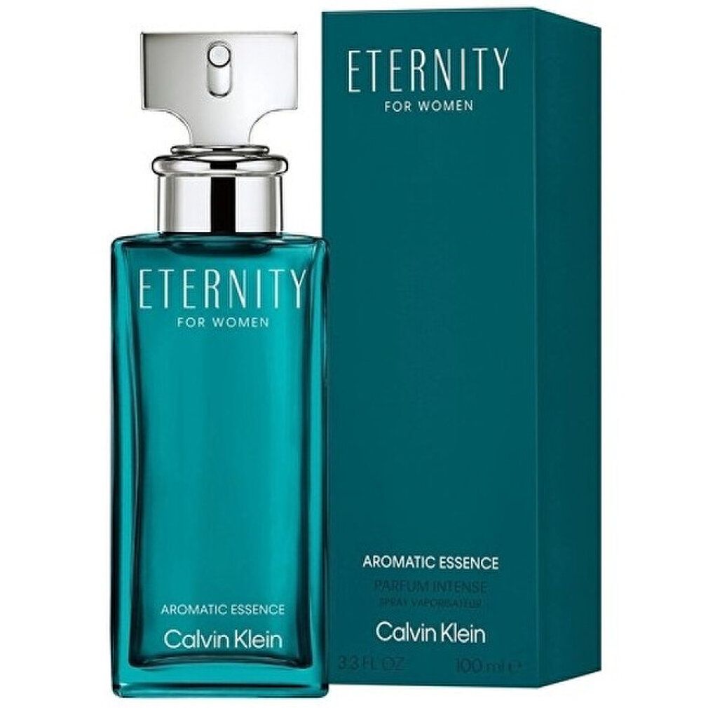 Flacon et boîte turquoise. Inscription: Eternity for Women, Aromatic Essence, Calvin Klein. 100 ml.