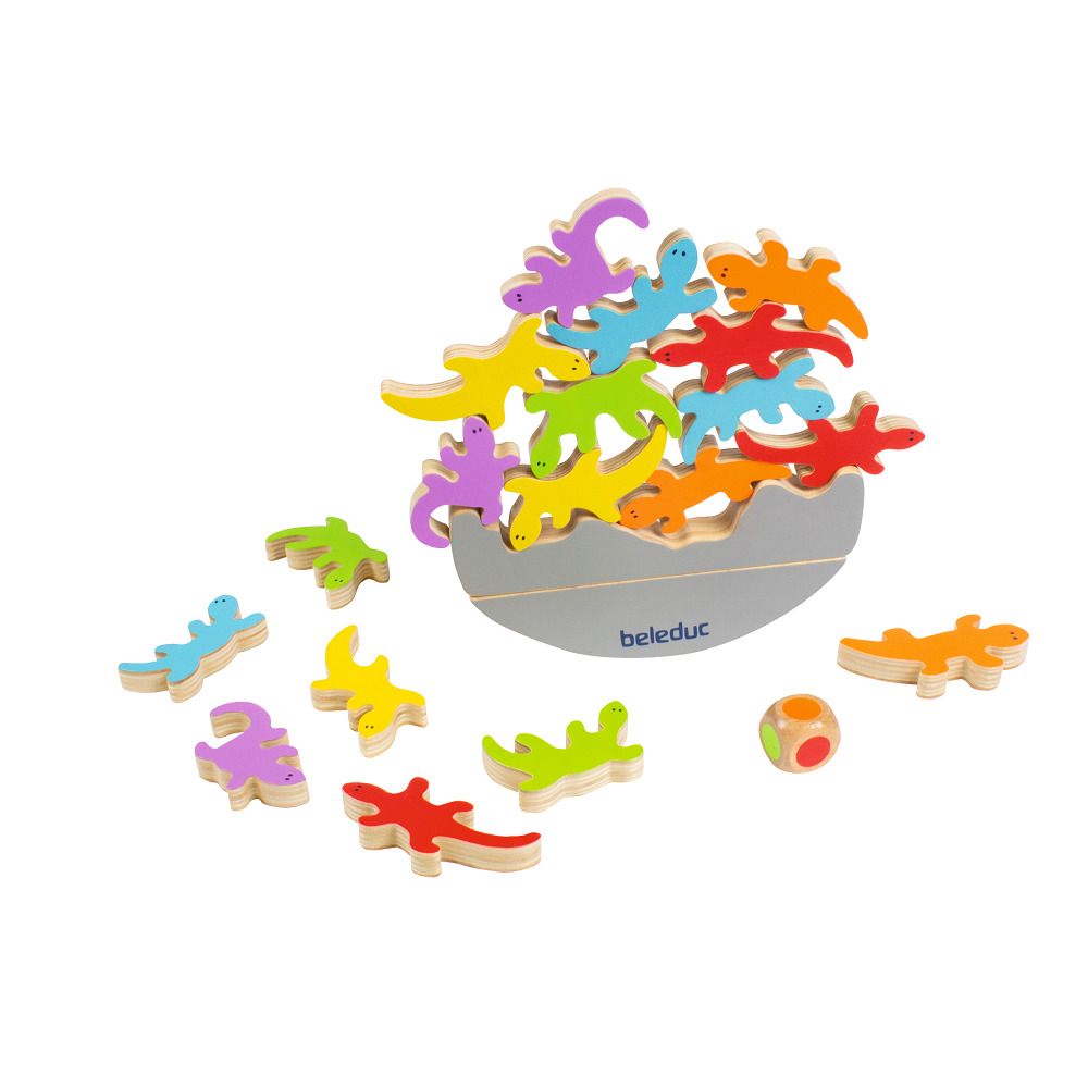 Plusieurs lézards en bois colorés sur une bascule grise avec le texte "beleduc".