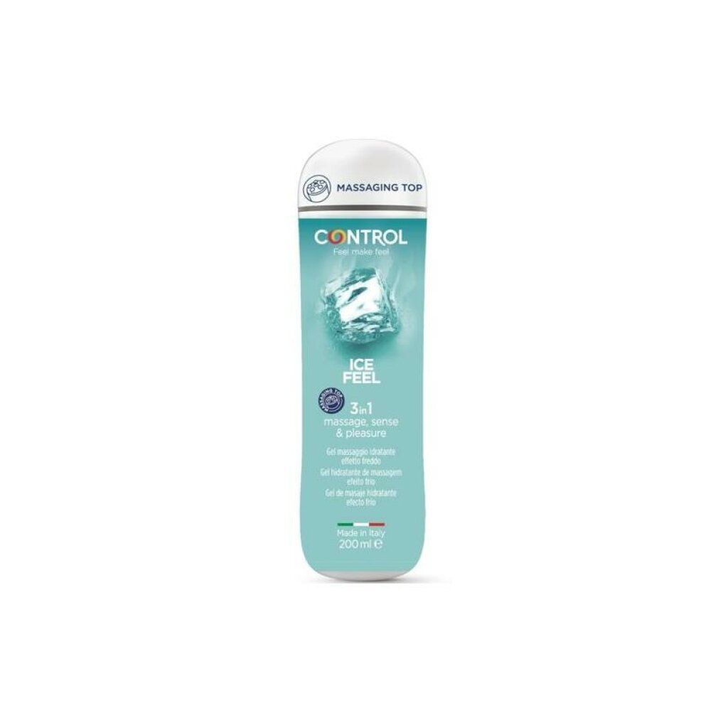 Flacon de gel de massage Control Ice Feel avec design cristal de glace et embout massant.