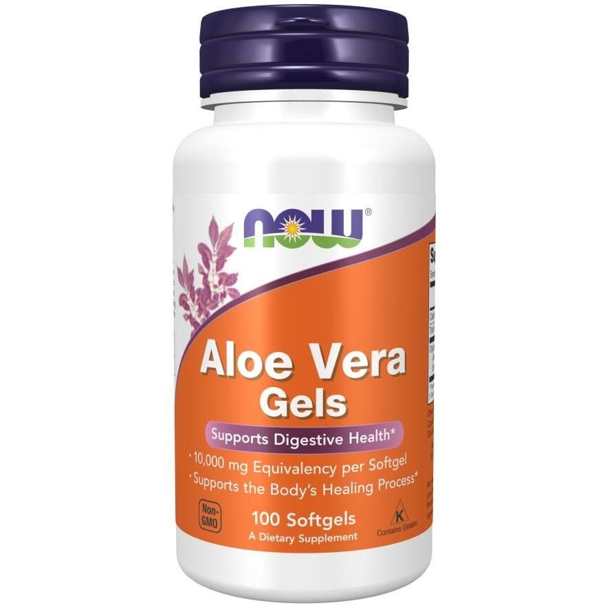 Witte fles met paarse dop. Opschrift "NOW" en "Aloe Vera Gels". Oranje etiket met tekst. 100 softgels.