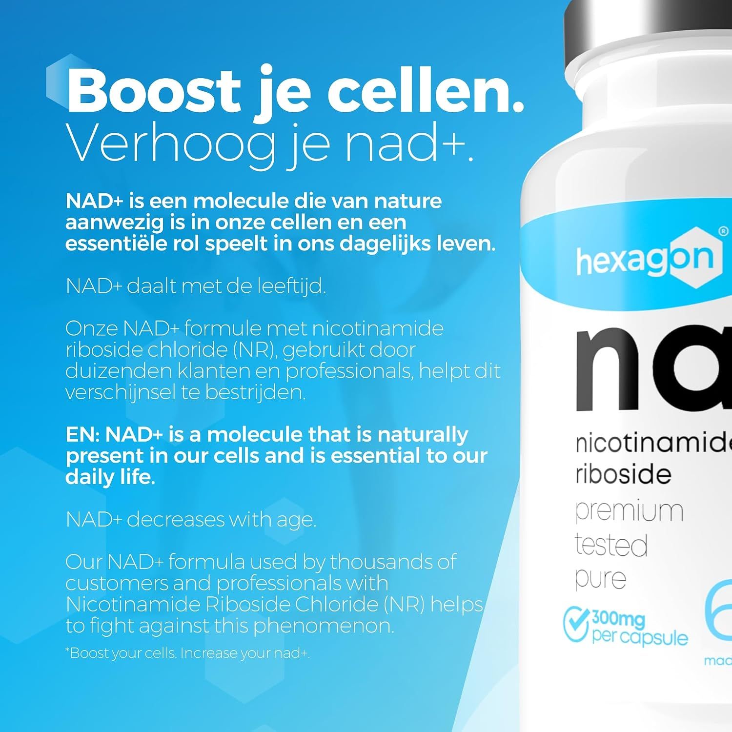 Fles met NAD+ capsules, 300mg per capsule, merk Hexagon.