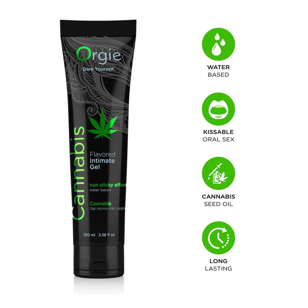 Orgie Cannabis Flavored Intimate Gel, 100ml tube. Waterbasis, kusbaar, met hennepzaadolie.