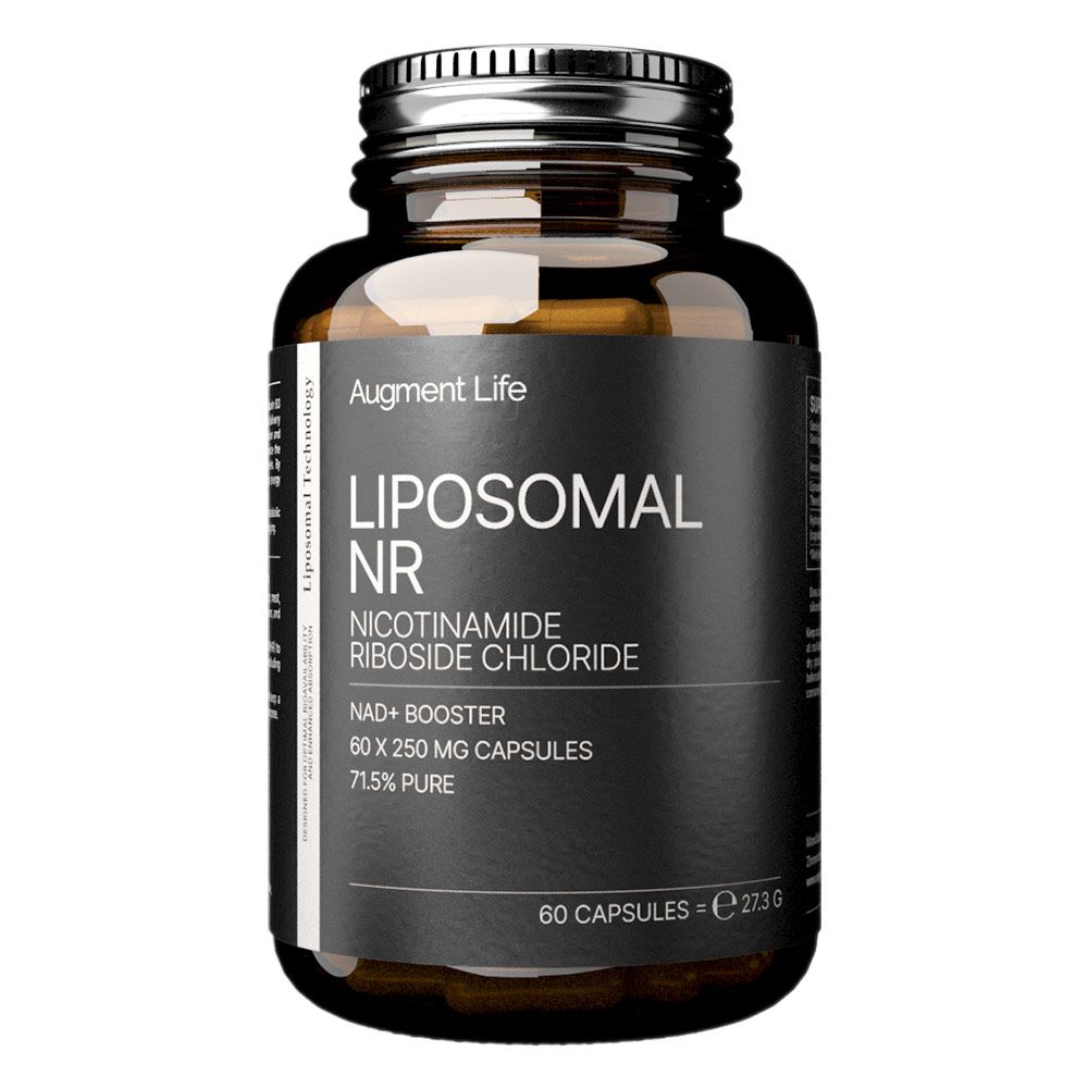 Bouteille en verre brun avec bouchon argenté, contenant 60 gélules de Liposomal NR (Nicotinamide Riboside Chloride).