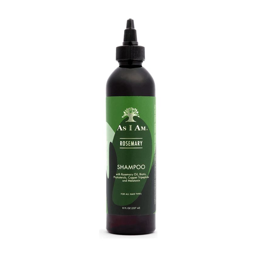 Bouteille marron foncé avec étiquette verte. Inscription : As I Am Rosemary Shampoo. Avec huile de romarin, biotine, tripeptide de cuivre et mélatonine.