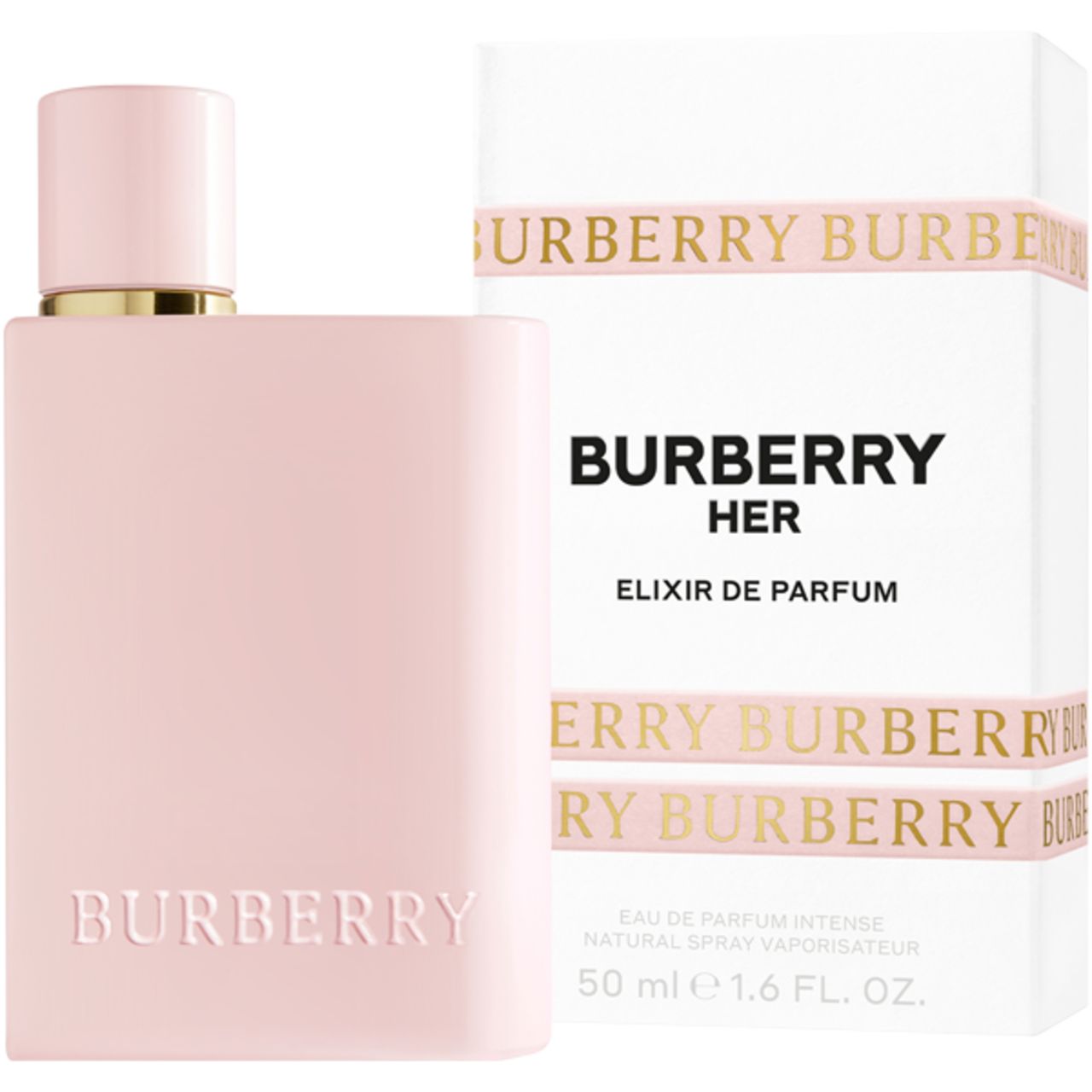 Flacon rose Burberry Her Elixir et emballage. Flacon avec bouchon doré. Emballage avec inscription Burberry.