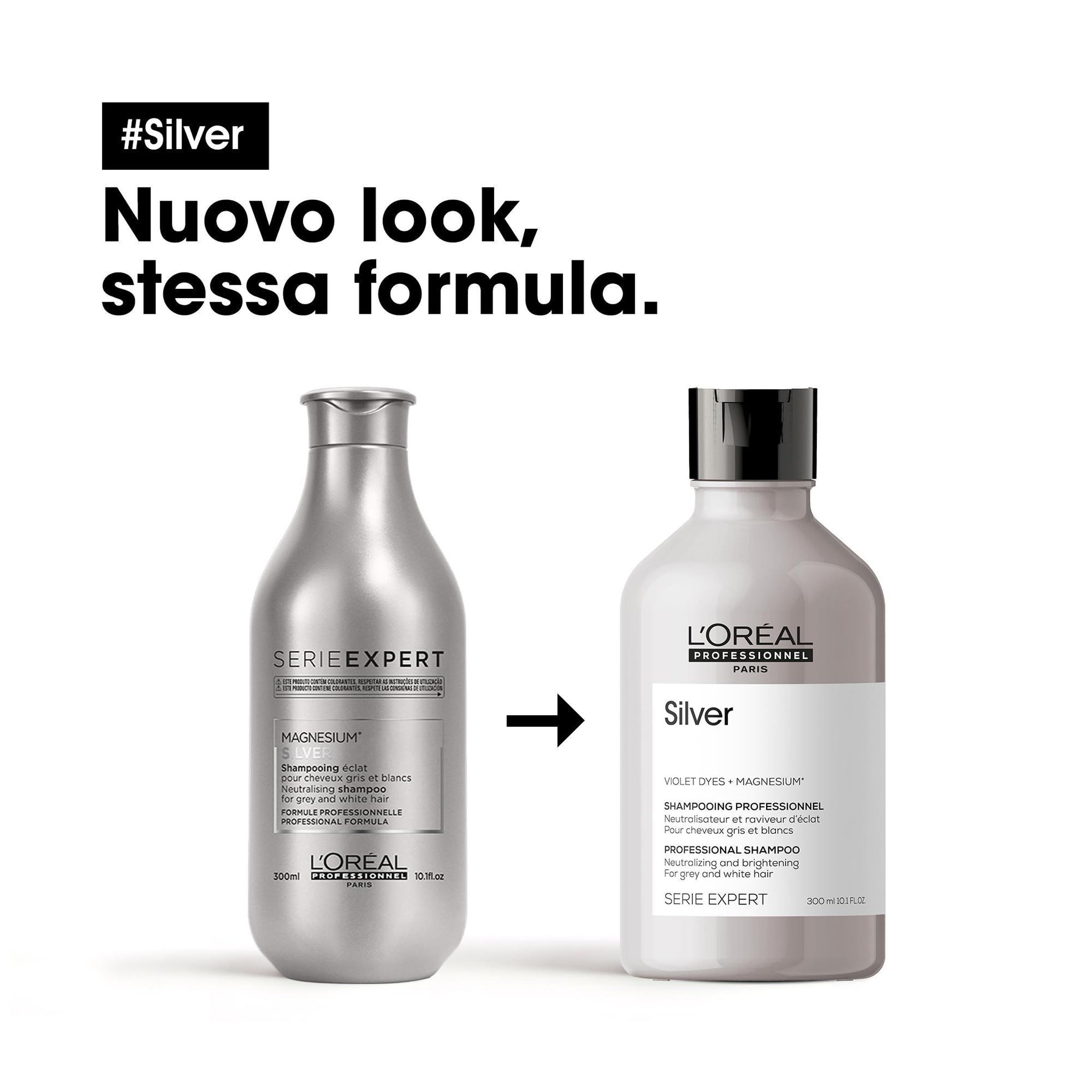 Deux flacons de shampooing argentés. Gauche : Série Expert Magnesium. Droite : Silver, L'Oréal Professionnel. Flèche entre les flacons.