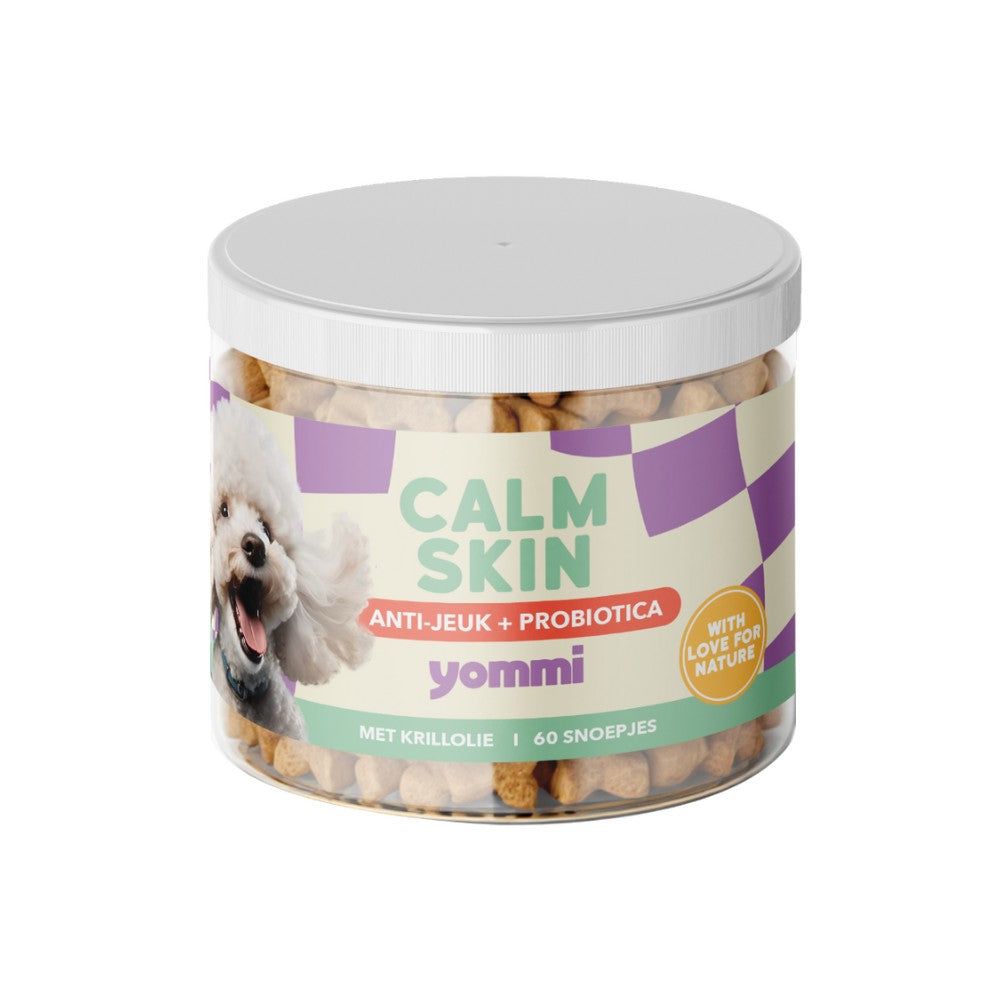 Boîte de friandises pour chien 'Calm Skin' à l'huile de krill et probiotiques.