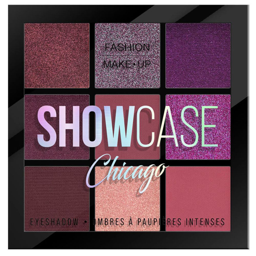 Palette de fards à paupières avec neuf teintes dans des tons de rouge, violet et rose. 'SHOWCASE Chicago' est bien visible.