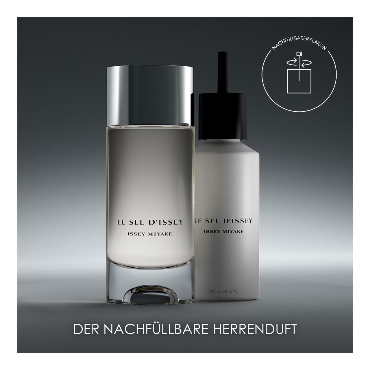 Twee flacons. Eén met zilveren dop, één zonder. Opschrift: Le Sel d'Issey, Issey Miyake. Tekst: De navulbare herengeur.