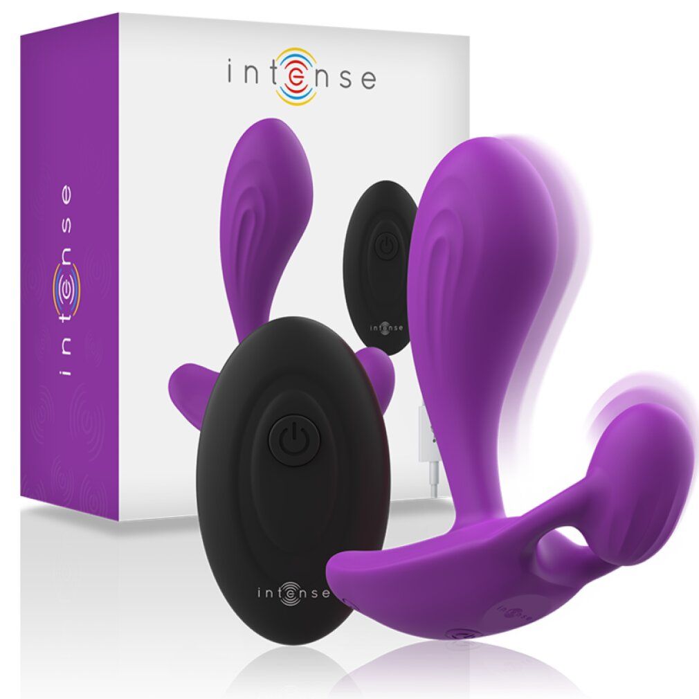 Dispositif de massage violet avec télécommande, tous deux marqués 'intense'.