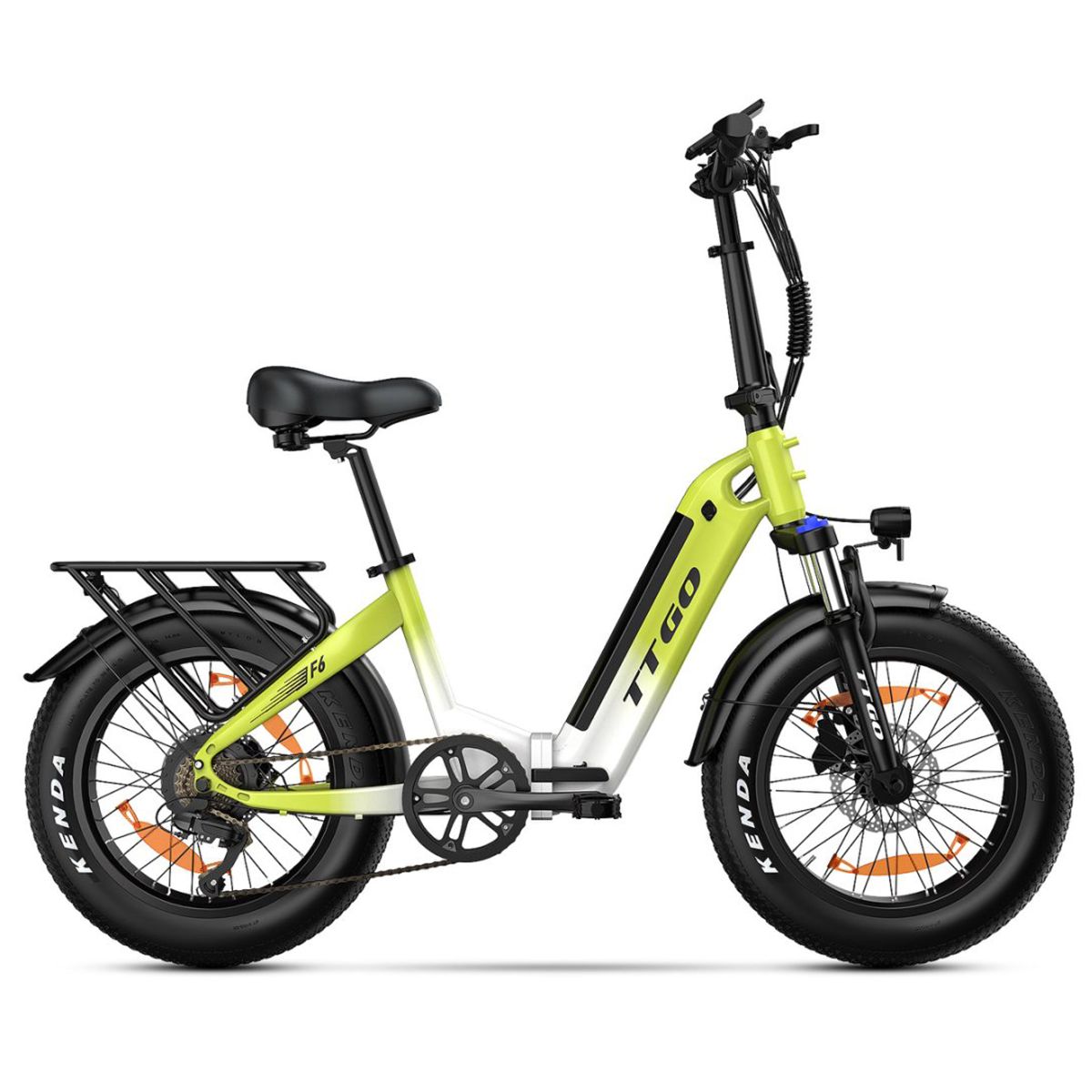 Opvouwbare e-bike, groen-wit, met bagagedrager, zwart zadel en banden. Merk TTGO, model F6.