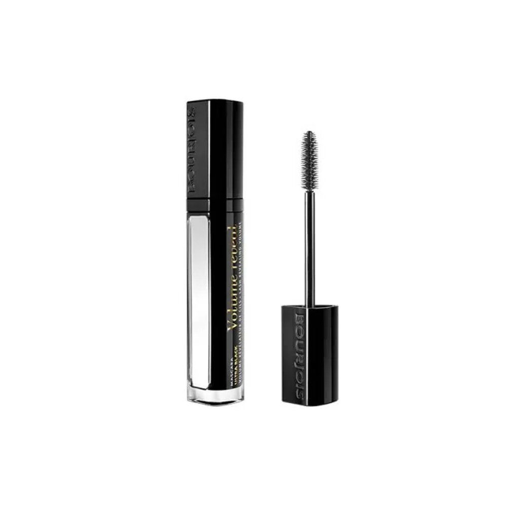 Mascara noire avec brosse. Inscription : Volume Reveal Ultra Black. Étui noir avec brosse.