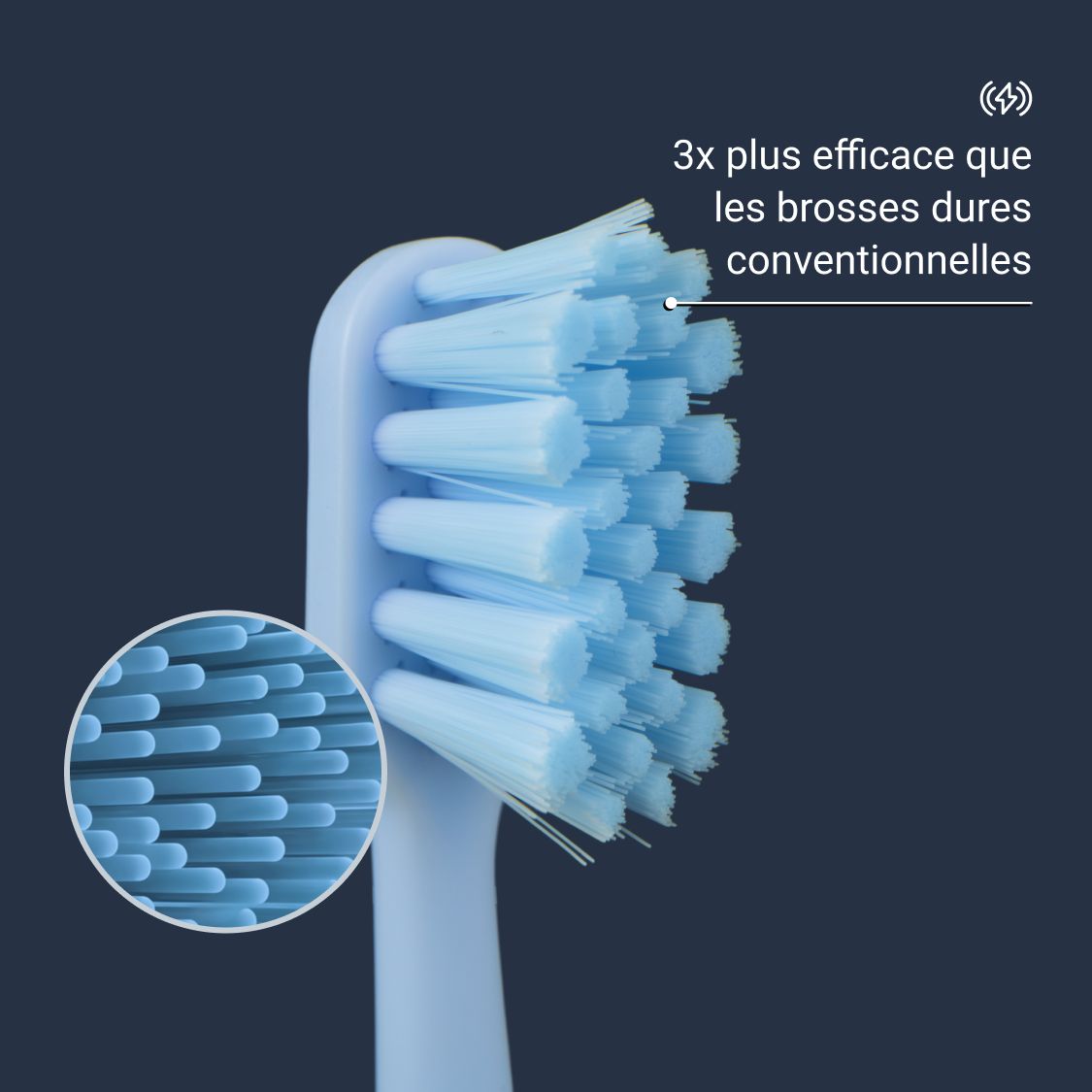 Gros plan d'une tête de brosse bleue avec des soies bleues. Vue agrandie des soies.
