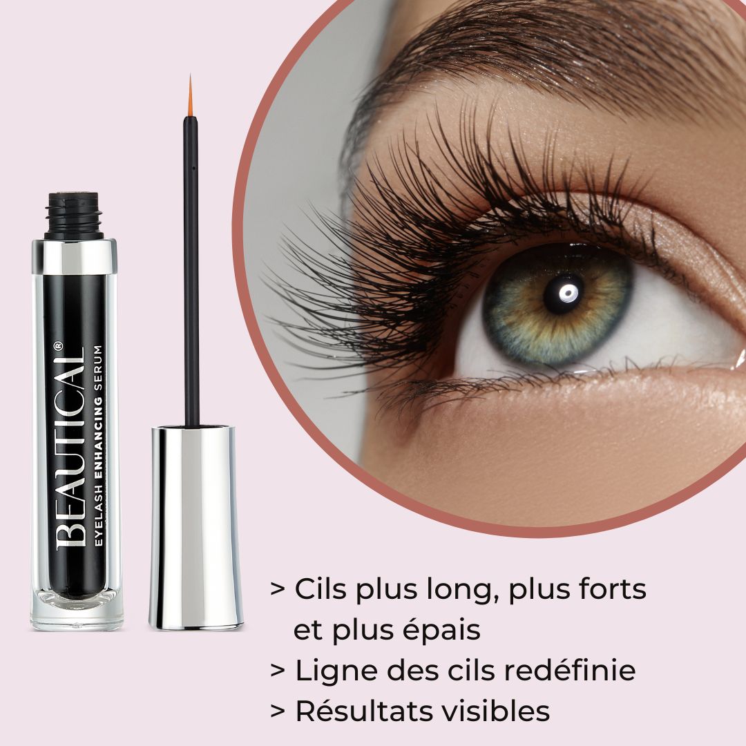 Sérum pour cils Beautical et œil. Flacon noir, bouchon argenté, applicateur. Cils plus longs et denses.